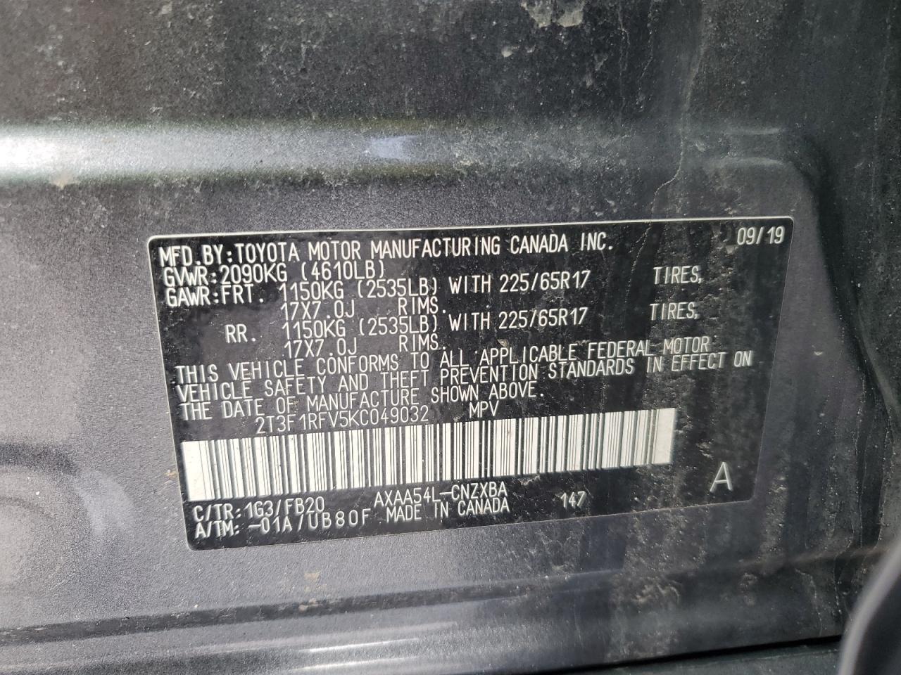 2019 Toyota RAV 4 VIN 2T3F1RFV5KC049032 Copart auction photo, rear end / minor dent/scratches damage thumbnail 13