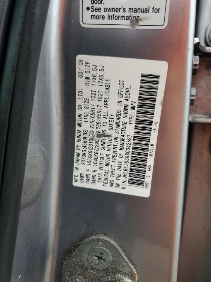 2008 Honda CR-V VIN JHLRE38388C042597 Copart auction photo, front end / rear end damage thumbnail 13