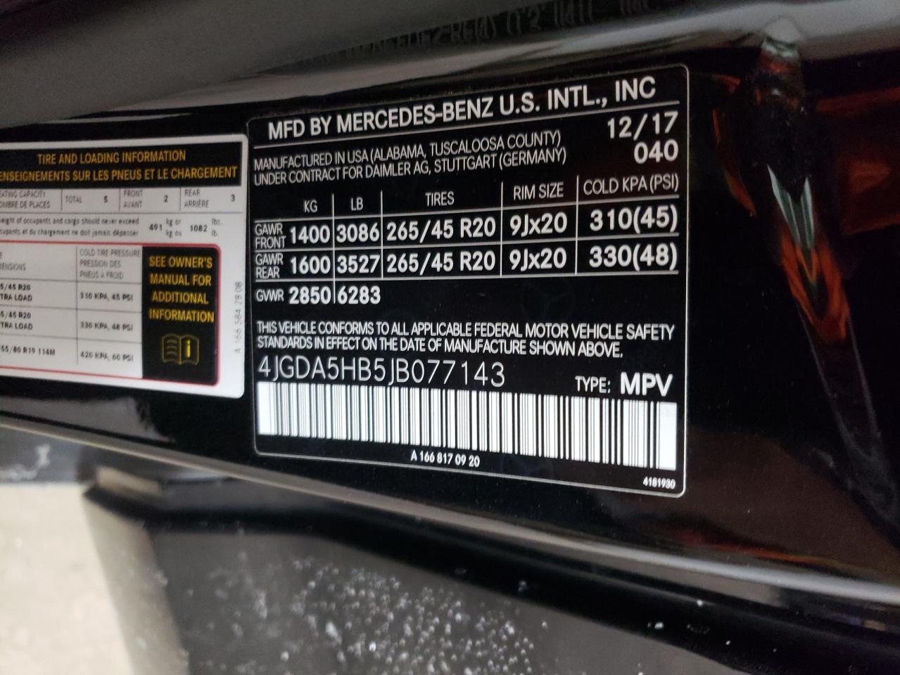 2018 Mercedes-Benz GLE VIN 4JGDA5HB5JB077143 Copart auction photo, front end / undercarriage damage thumbnail 15