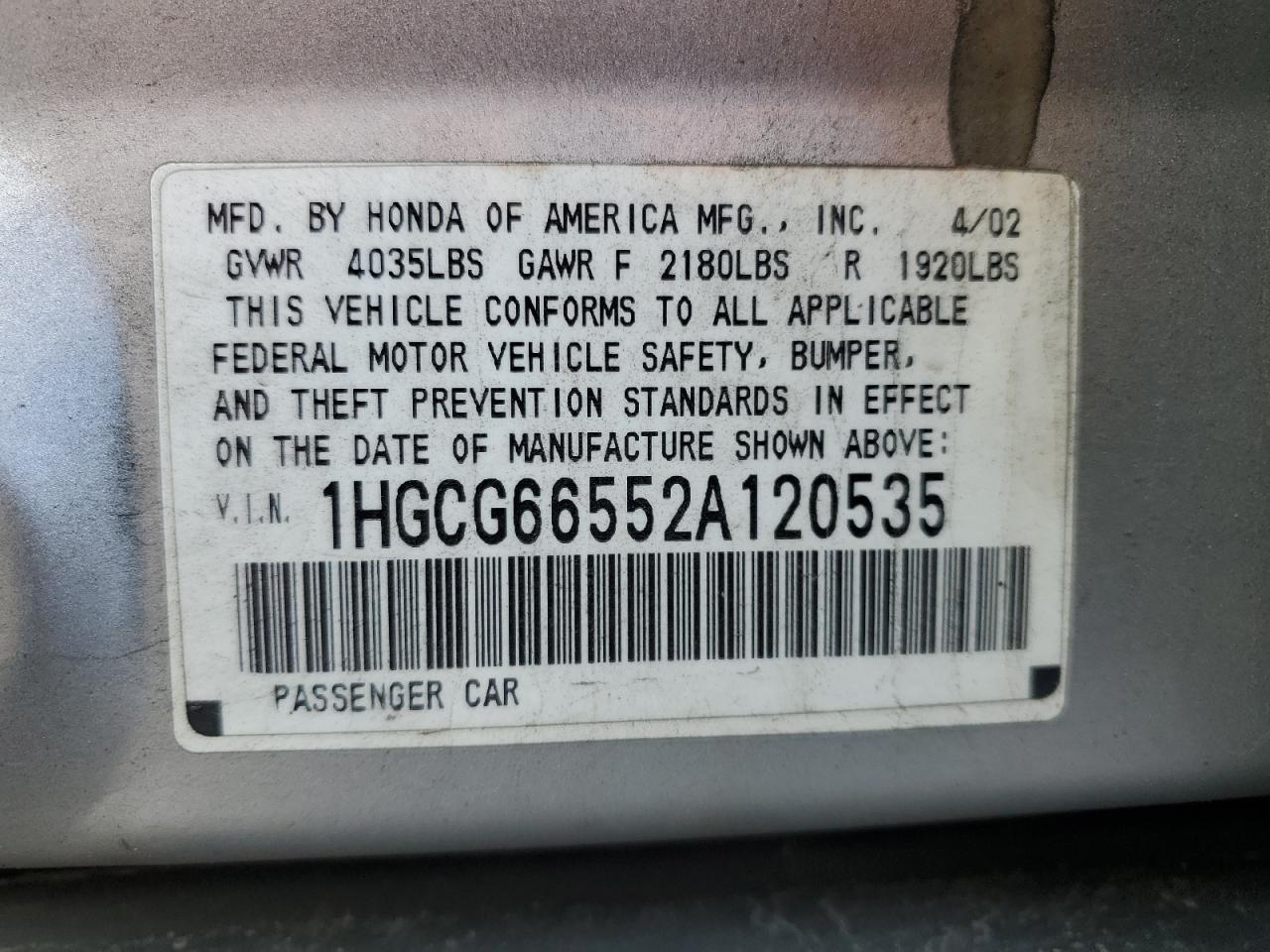2002 Honda Accord VIN 1HGCG66552A120535 Copart auction photo, rear end / front end damage thumbnail 12