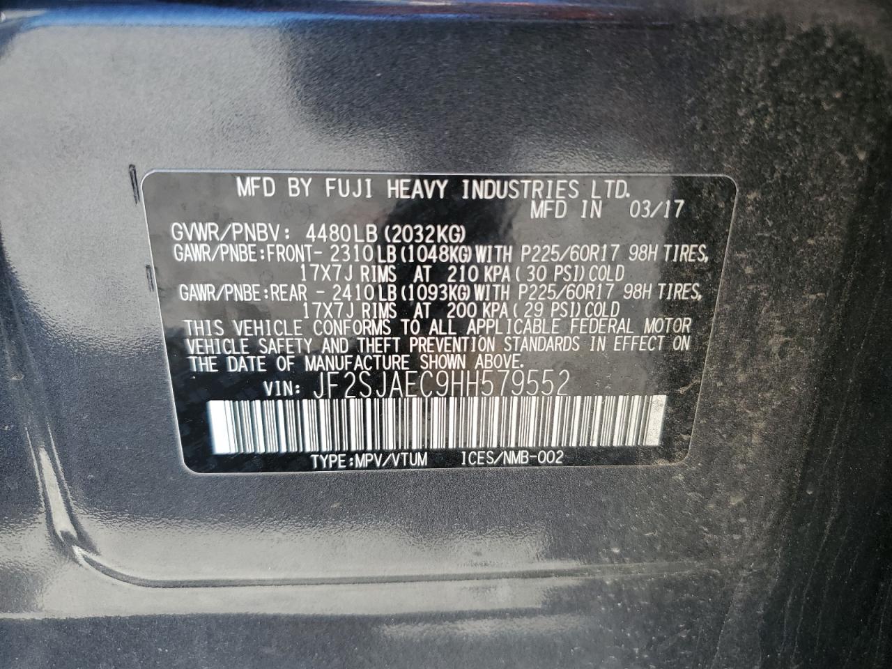 2017 Subaru Forester VIN JF2SJAEC9HH579552 Copart auction photo, front end damage thumbnail 16