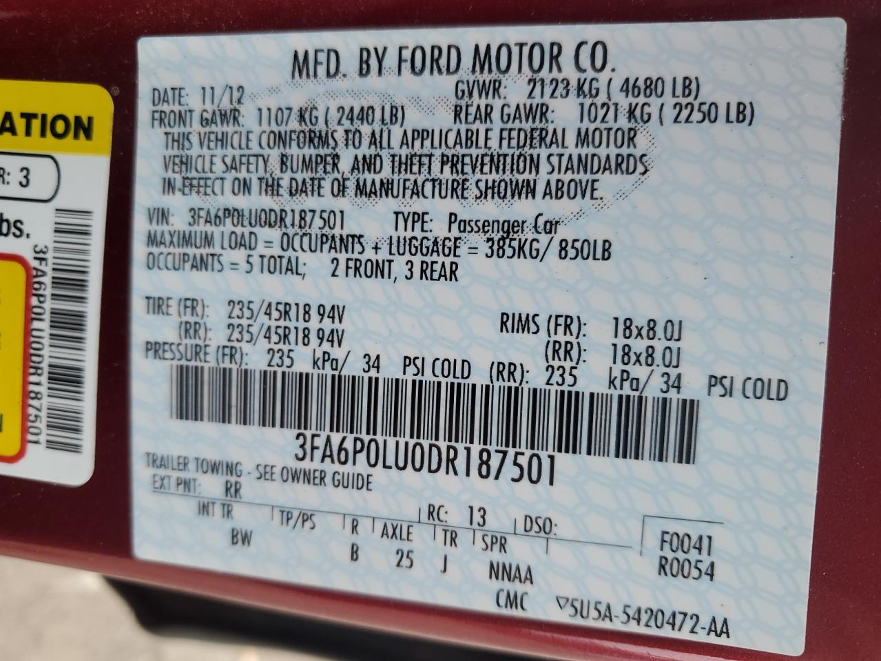 2013 Ford Fusion VIN 3FA6P0LU0DR187501 Copart auction photo, minor dent/scratches damage thumbnail 12