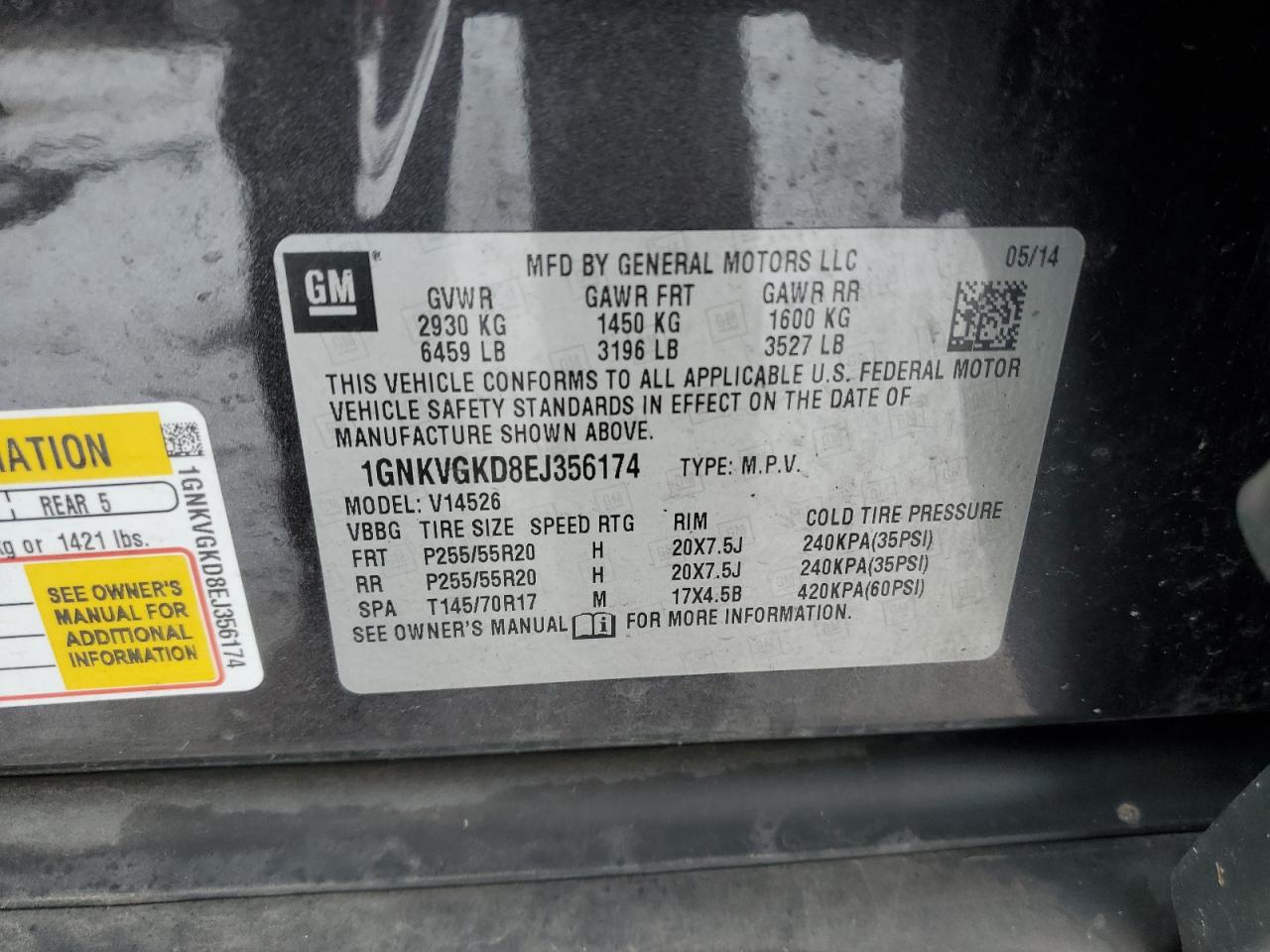 2014 Chevrolet Traverse VIN 1GNKVGKD8EJ356174 Copart auction photo, front end damage thumbnail 15