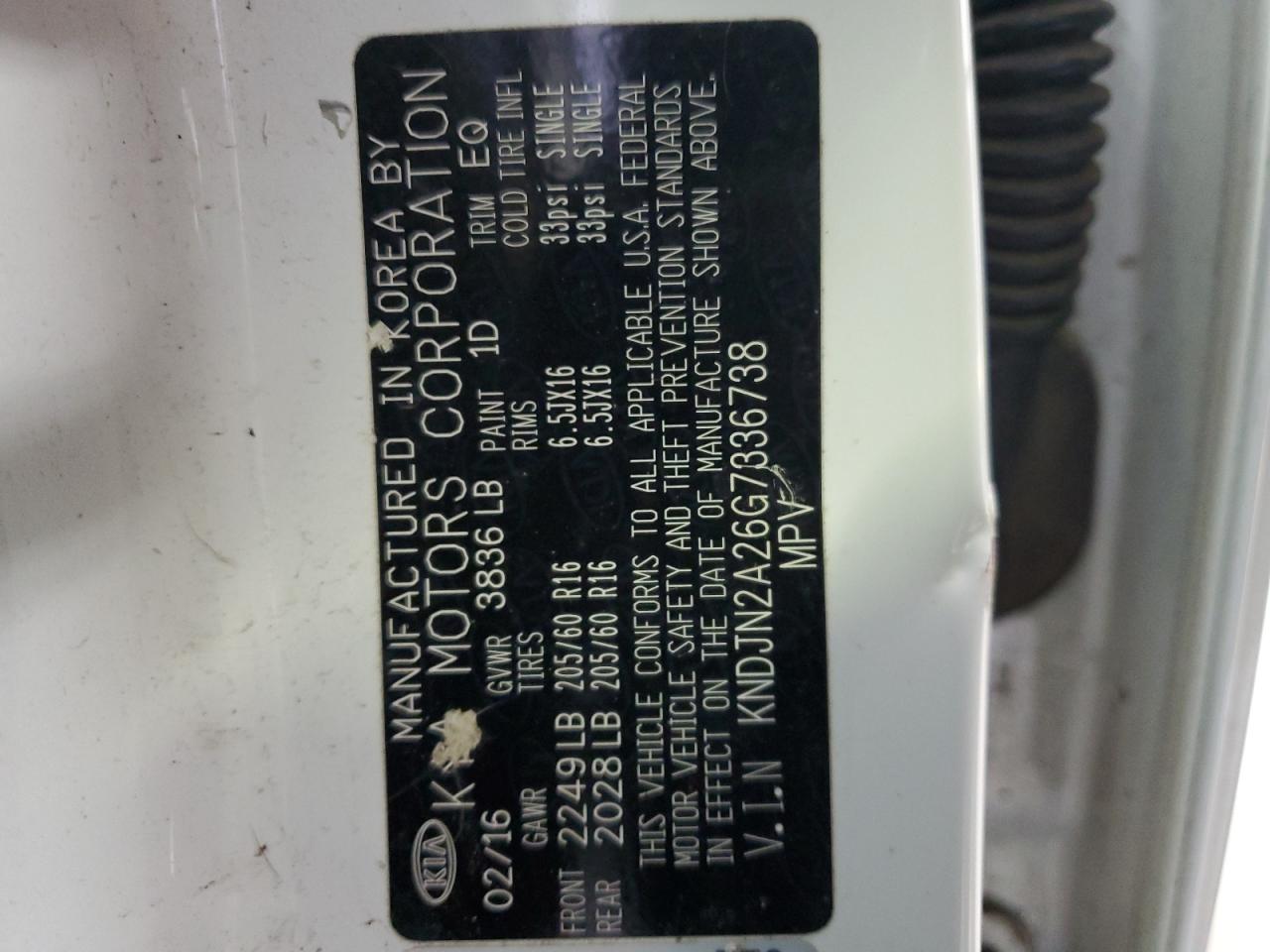 2016 KIA Soul VIN KNDJN2A26G7336738 Copart auction photo, front end damage thumbnail 13