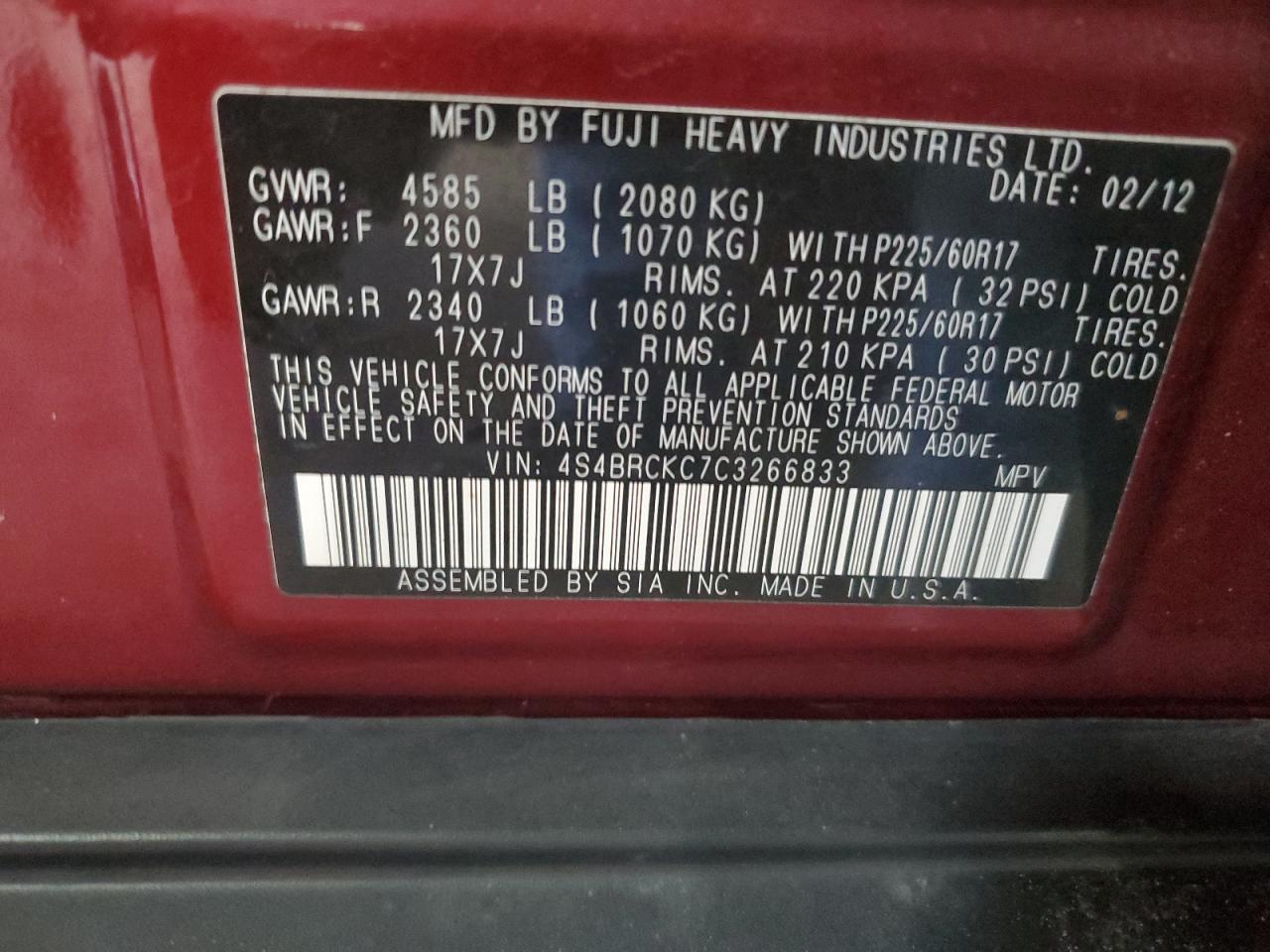 2012 Subaru Outback VIN 4S4BRCKC7C3266833 Copart auction photo, undercarriage / front end damage thumbnail 13