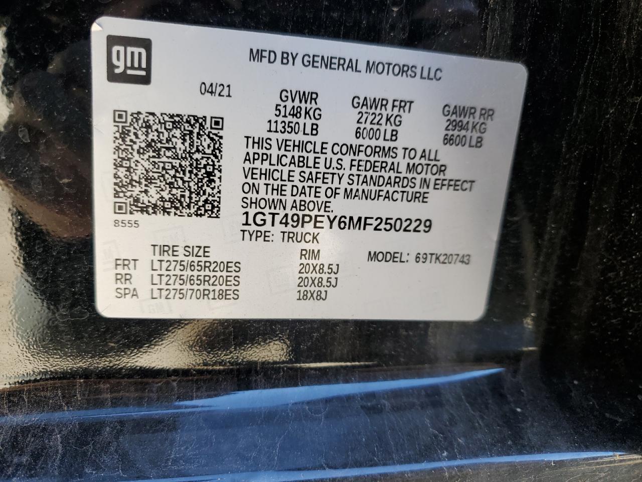 2021 GMC Sierra VIN 1GT49PEY6MF250229 Copart auction photo, front end damage thumbnail 15