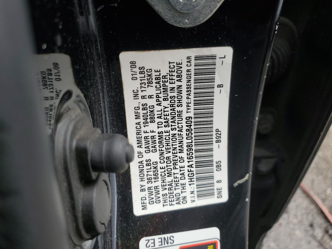 2008 Honda Civic VIN 1HGFA16598L058409 Copart auction photo, rear end damage thumbnail 12