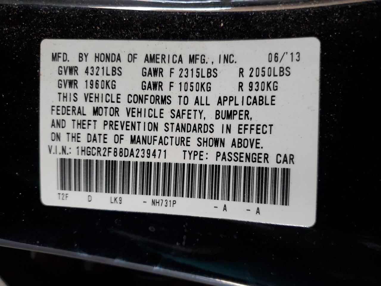 2013 Honda Accord VIN 1HGCR2F88DA239471 Copart auction photo, front end damage thumbnail 12