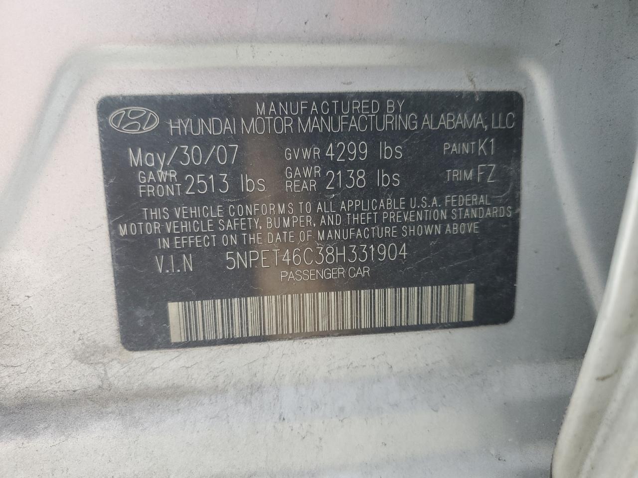 2008 Hyundai Sonata VIN 5NPET46C38H331904 Copart auction photo, rear end damage thumbnail 12