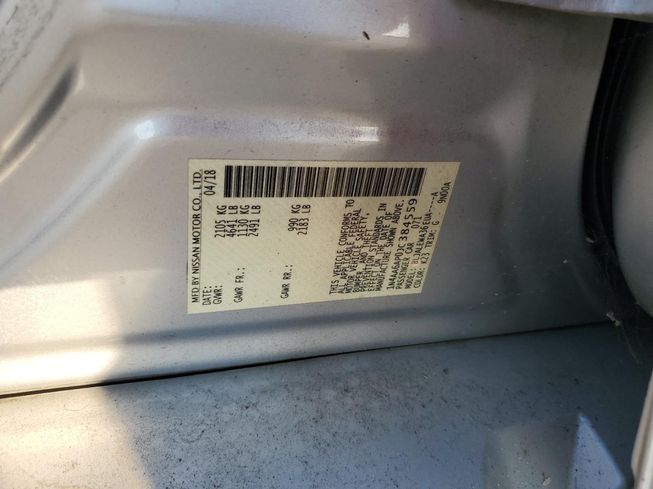 2018 Nissan Maxima VIN 1N4AA6AP0JC384559 Copart auction photo, front end damage thumbnail 12