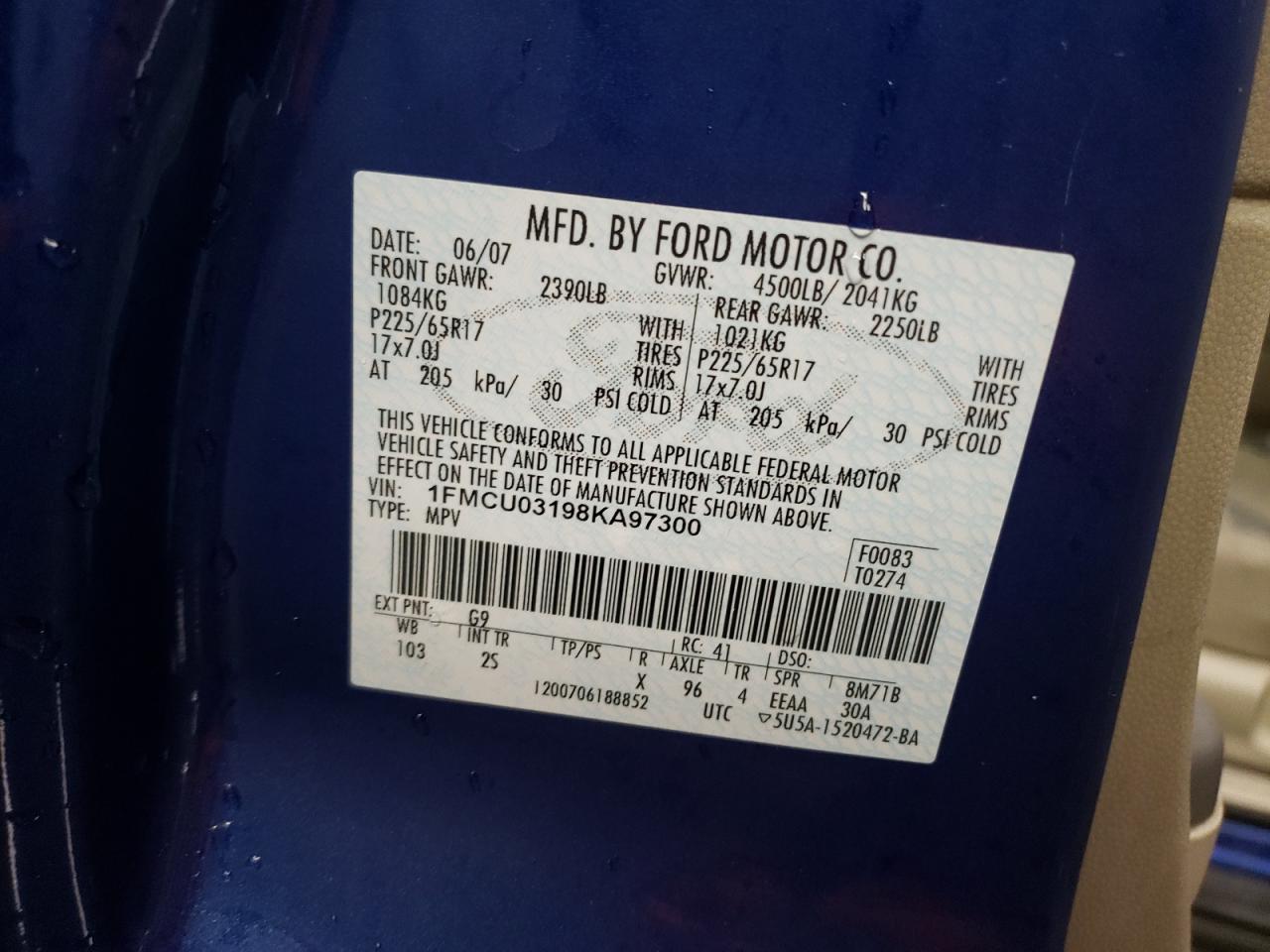 2008 Ford Escape VIN 1FMCU03198KA97300 Copart auction photo, front end damage thumbnail 12