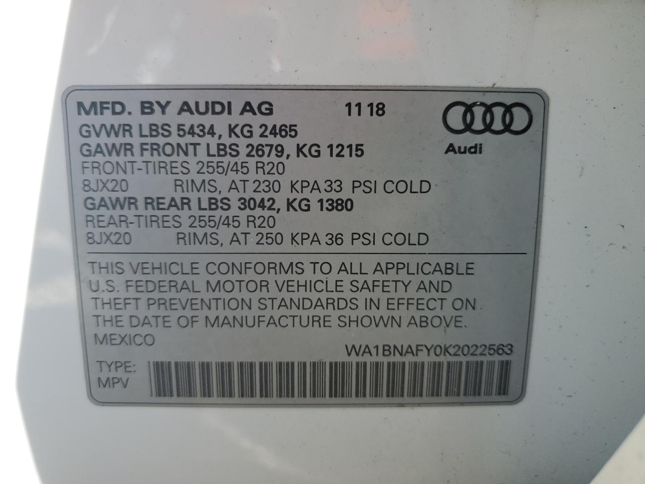 2019 Audi Q5 VIN WA1BNAFY0K2022563 Copart auction photo, water/flood / minor dent/scratches damage thumbnail 13