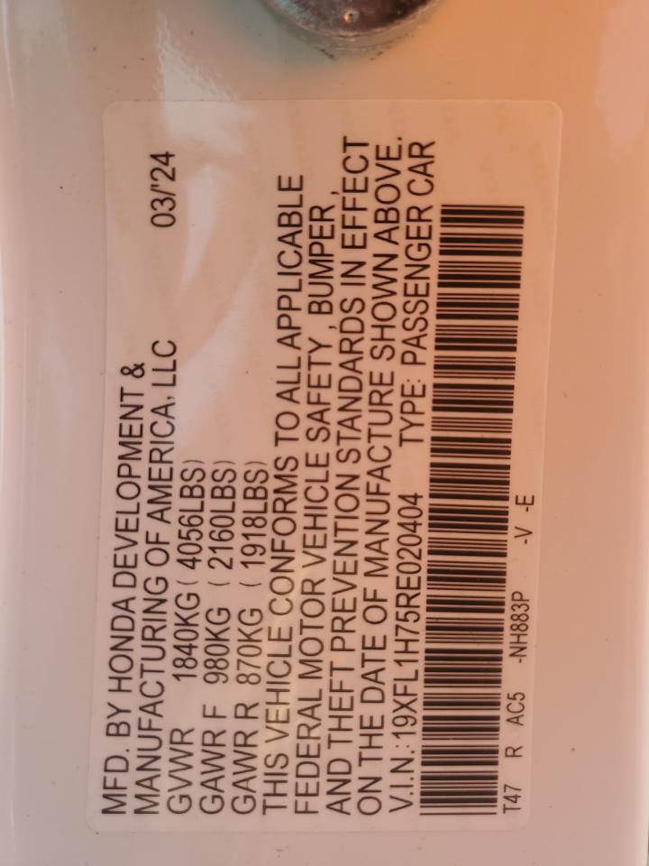 2024 Honda Civic VIN 19XFL1H75RE020404 Copart auction photo, front end damage thumbnail 12