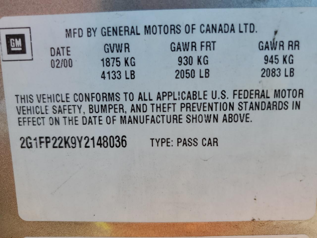 2000 Chevrolet Camaro VIN 2G1FP22K9Y2148036 Copart auction photo, minor dent/scratches damage thumbnail 12