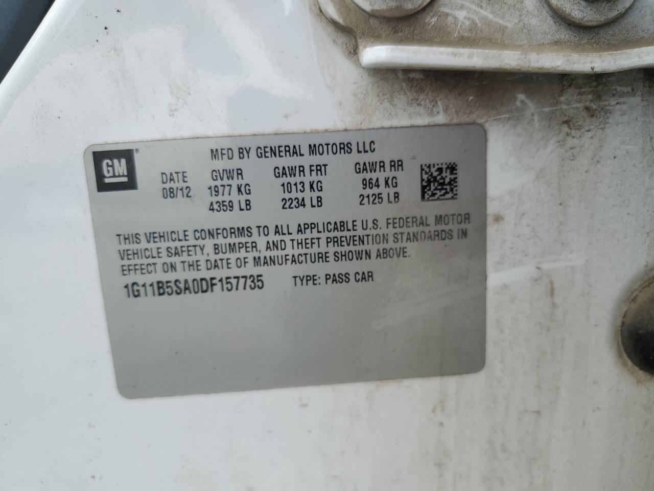 2013 Chevrolet Malibu VIN 1G11B5SA0DF157735 Copart auction photo, front end damage thumbnail 13