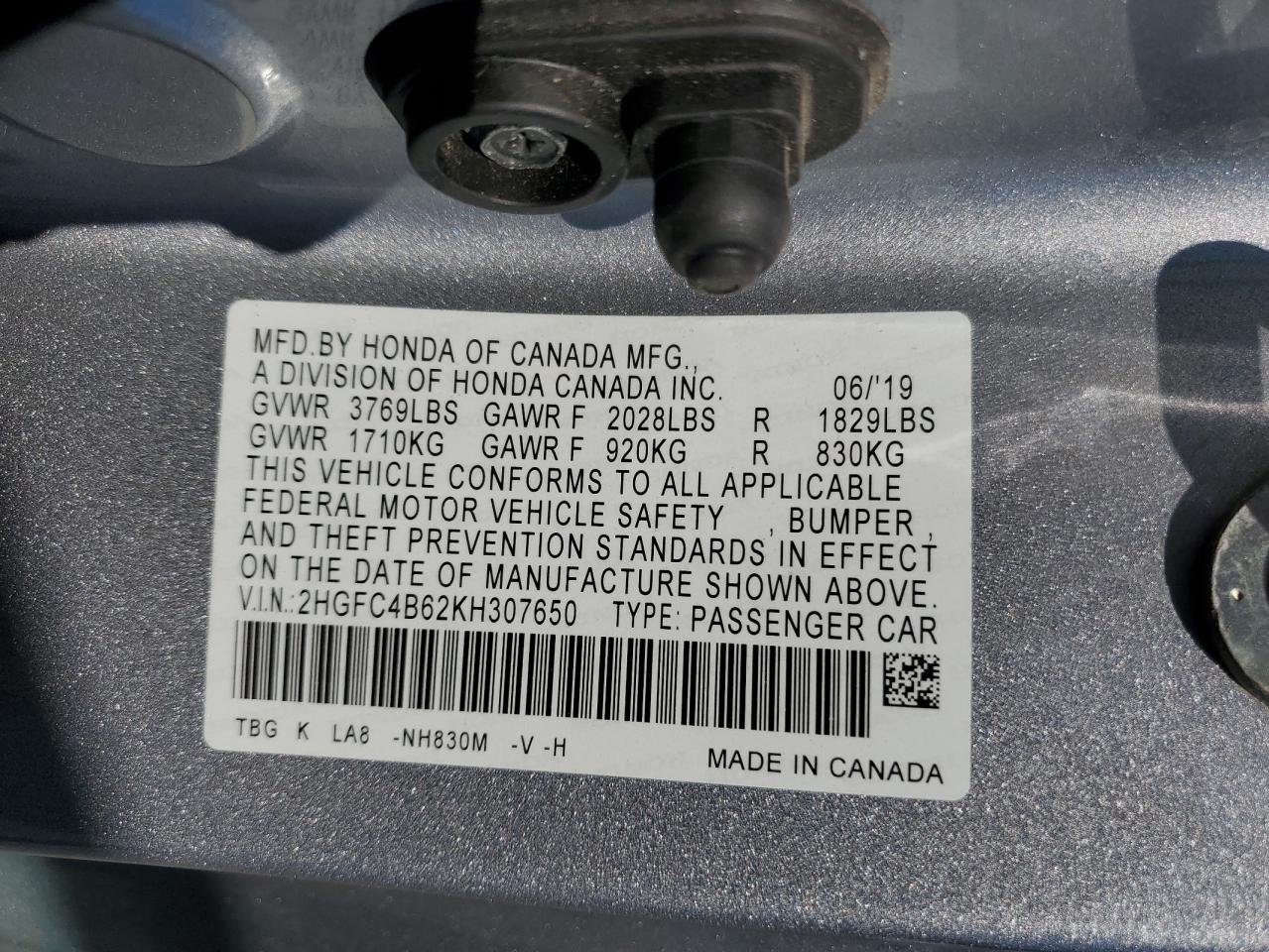 2019 Honda Civic VIN 2HGFC4B62KH307650 Copart auction photo, front end / side damage thumbnail 14