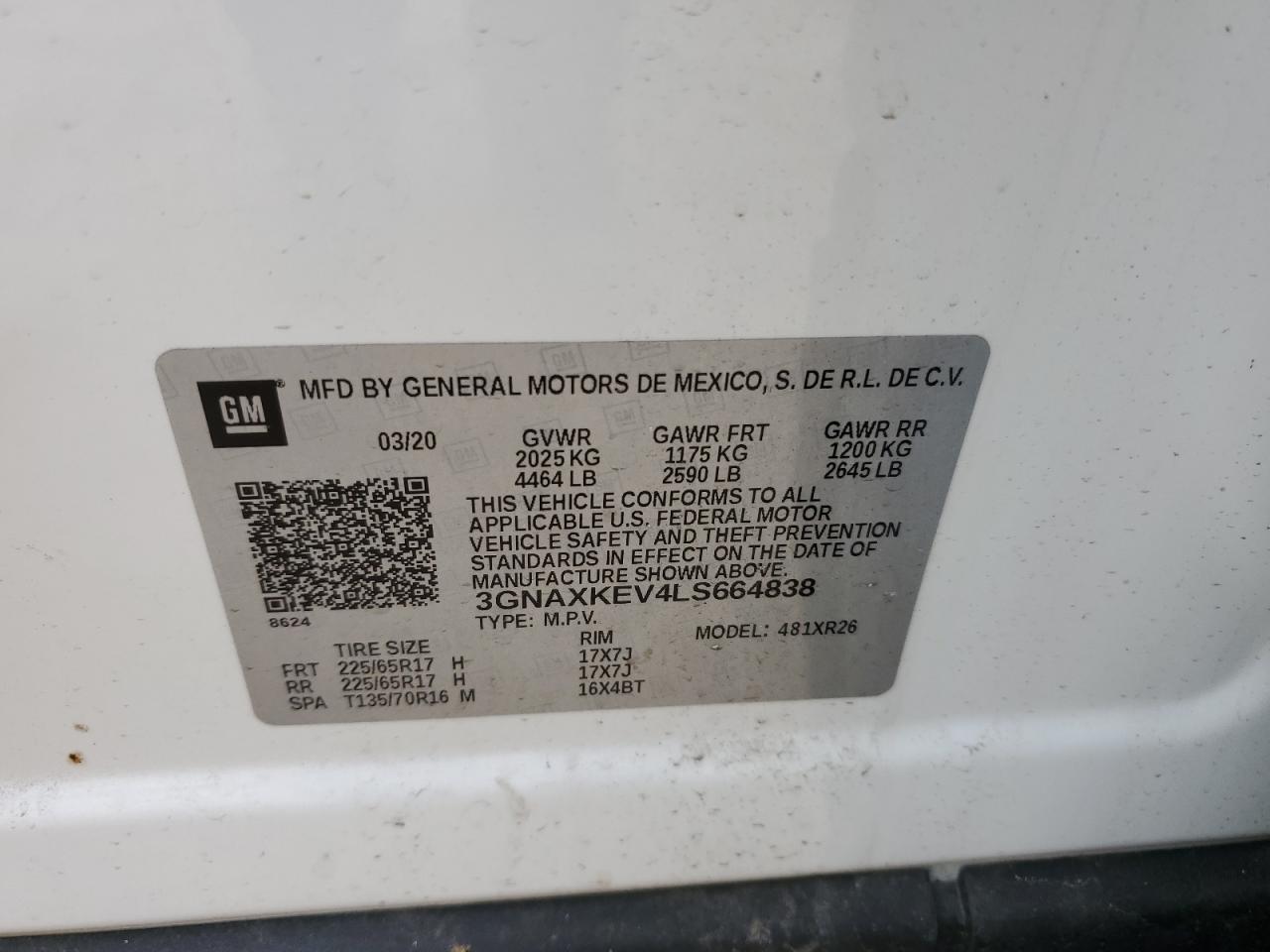 2020 Chevrolet Equinox VIN 3GNAXKEV4LS664838 Copart auction photo, rear end / front end damage thumbnail 15