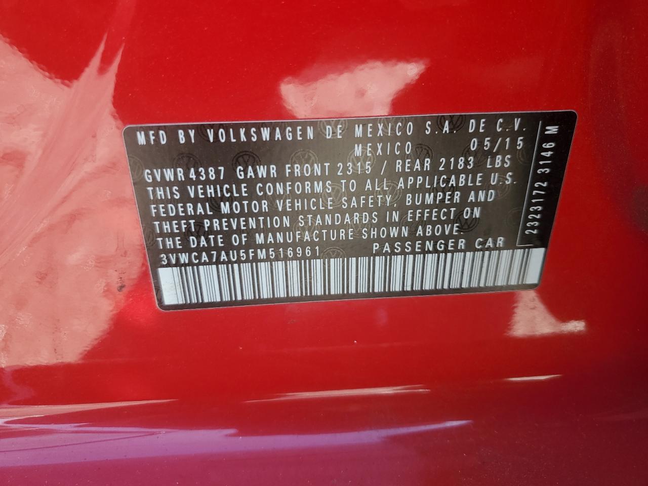 2015 Volkswagen Golf VIN 3VWCA7AU5FM516961 Copart auction photo, rear end / side damage thumbnail 14