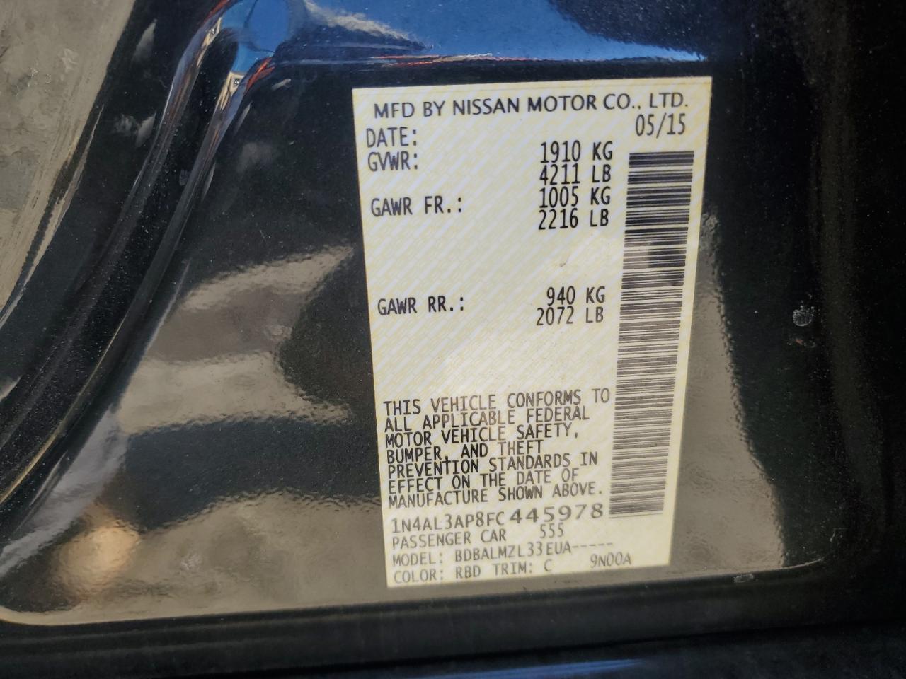 2015 Nissan Altima VIN 1N4AL3AP8FC445978 Copart auction photo, front end / side damage thumbnail 12