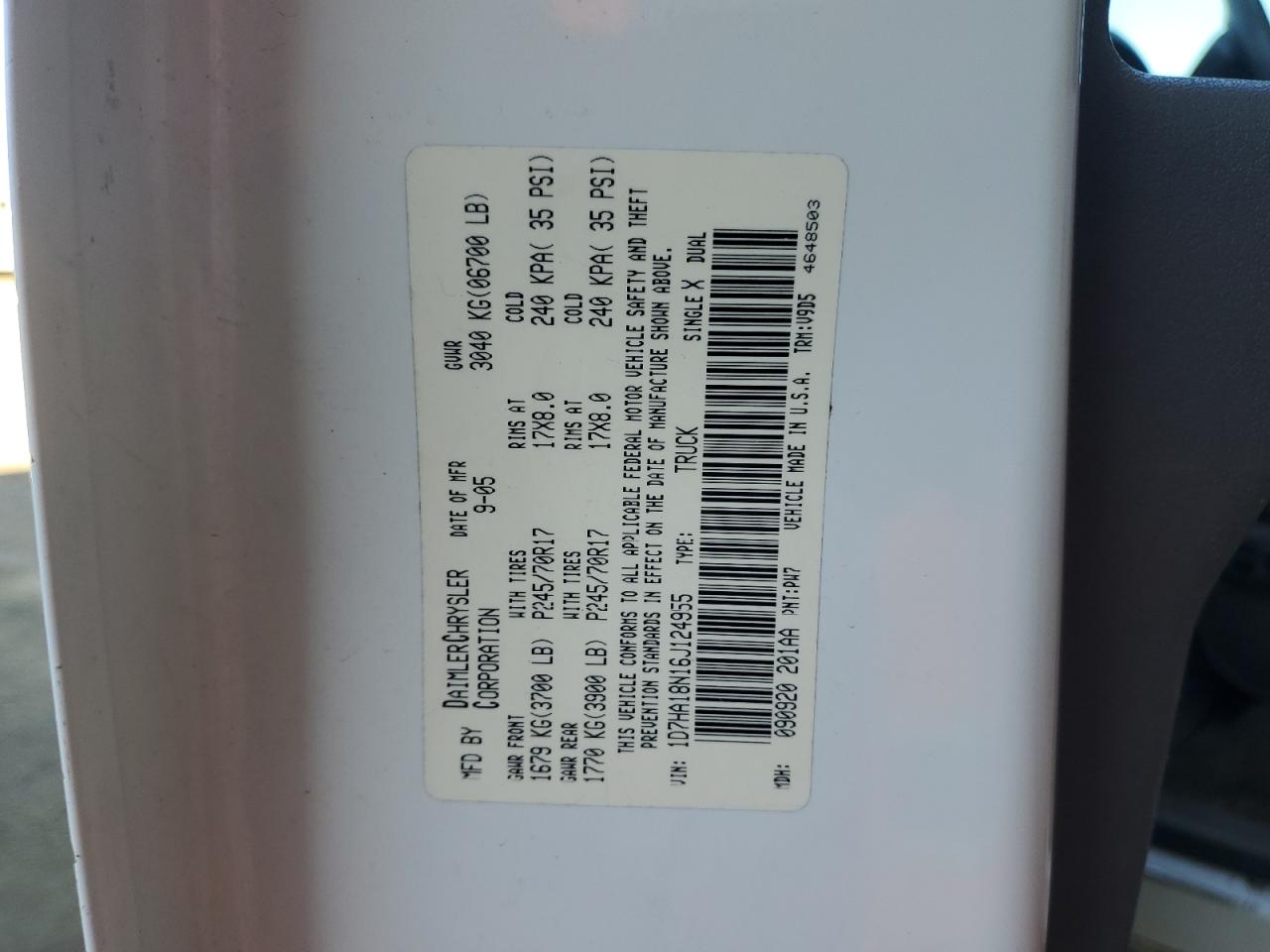 2006 Dodge RAM VIN 1D7HA18N16J124955 Copart auction photo, minor dent/scratches damage thumbnail 12