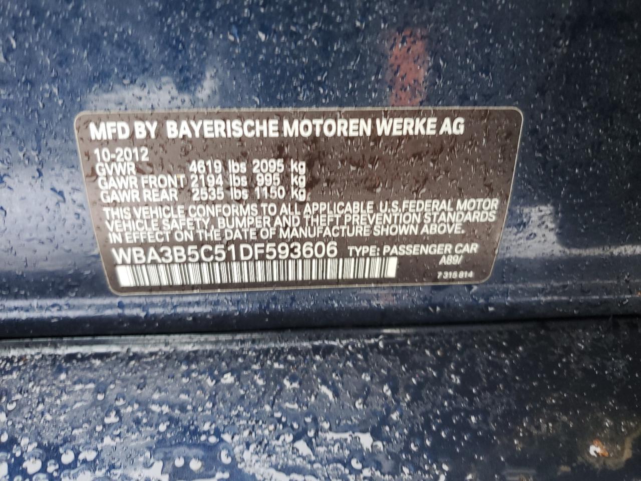 2013 BMW 3er VIN WBA3B5C51DF593606 Copart auction photo, side / front end damage thumbnail 12