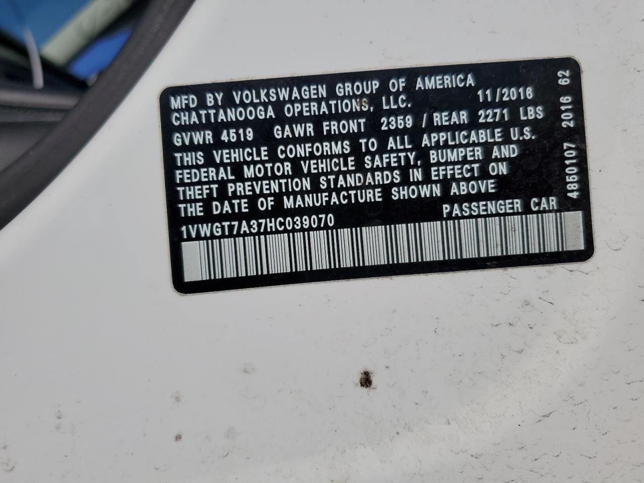 2017 Volkswagen Passat VIN 1VWGT7A37HC039070 Copart auction photo, all over / mechanical damage thumbnail 12