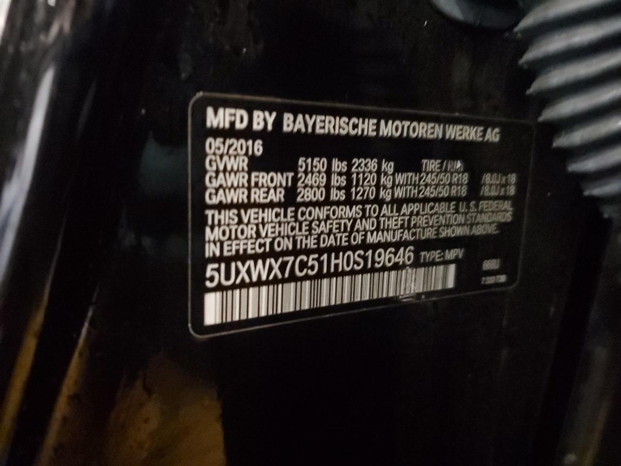 2017 BMW X3 VIN 5UXWX7C51H0S19646 Copart auction photo, side damage thumbnail 16