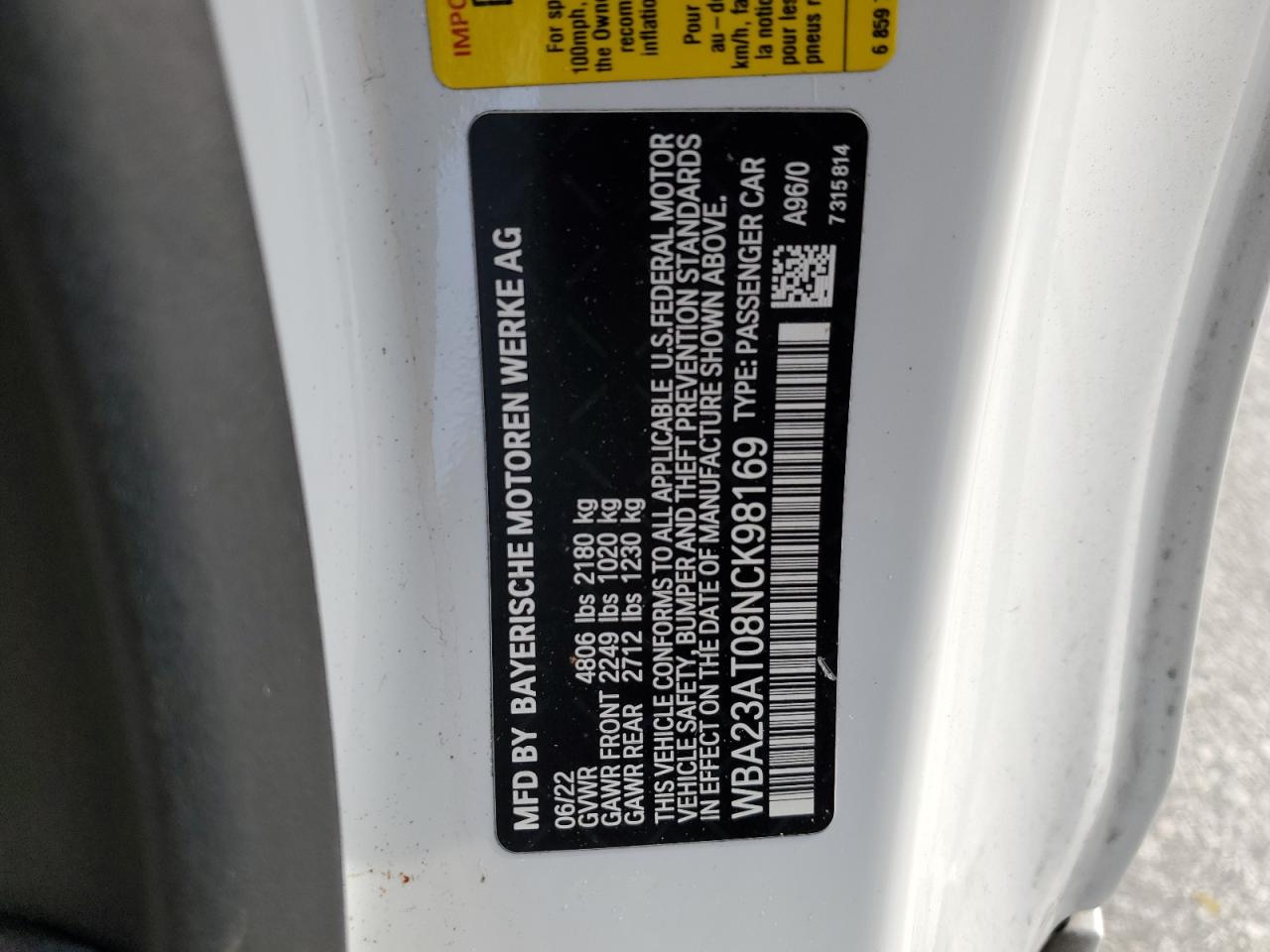 2022 BMW 4er VIN WBA23AT08NCK98169 Copart auction photo, water/flood damage thumbnail 13