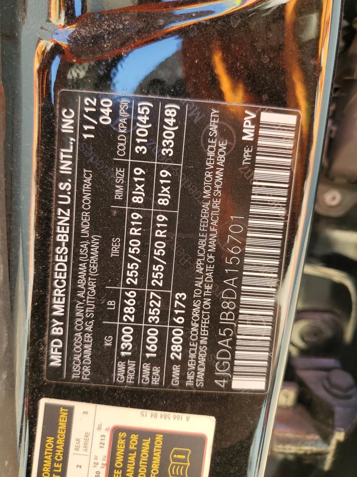 2013 Mercedes-Benz M-klasse VIN 4JGDA5JB8DA156701 Copart auction photo, side / rear end damage thumbnail 12