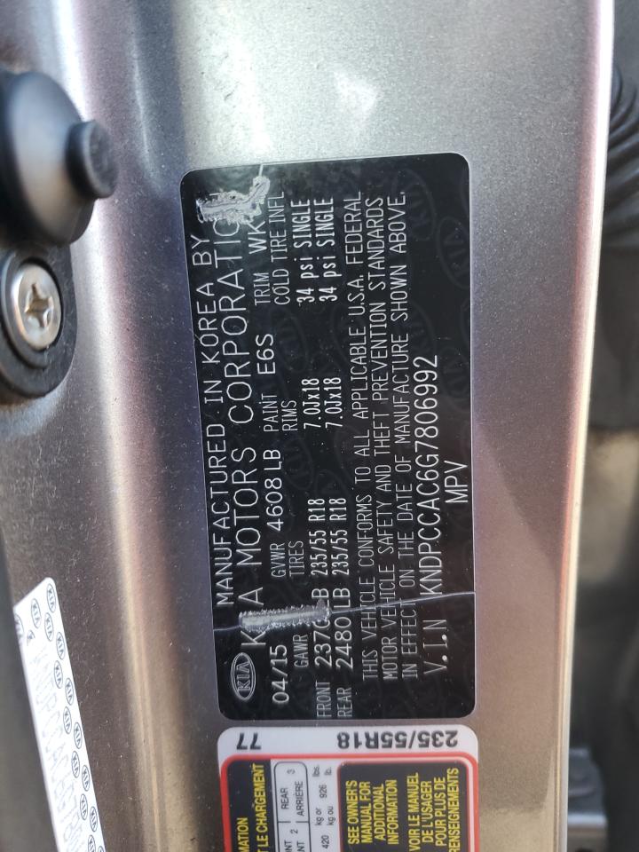 2016 KIA Sportage VIN KNDPCCAC6G7806992 Copart auction photo, front end / minor dent/scratches damage thumbnail 12
