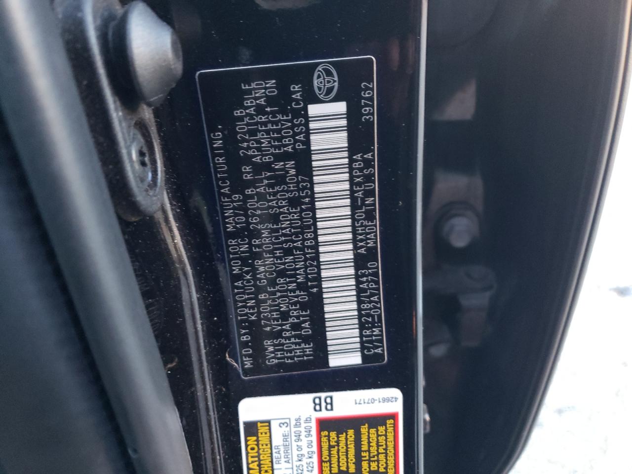 2020 Toyota Avalon VIN 4T1D21FB8LU014537 Copart auction photo, front end / hail damage thumbnail 15