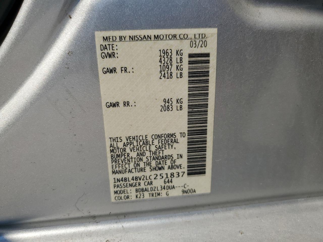 2020 Nissan Altima VIN 1N4BL4BV2LC251837 Copart auction photo, front end / side damage thumbnail 15