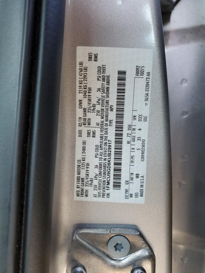 2019 Ford Escape VIN 1FMCU9GD8KUB29917 Copart auction photo, rear end / front end damage thumbnail 14