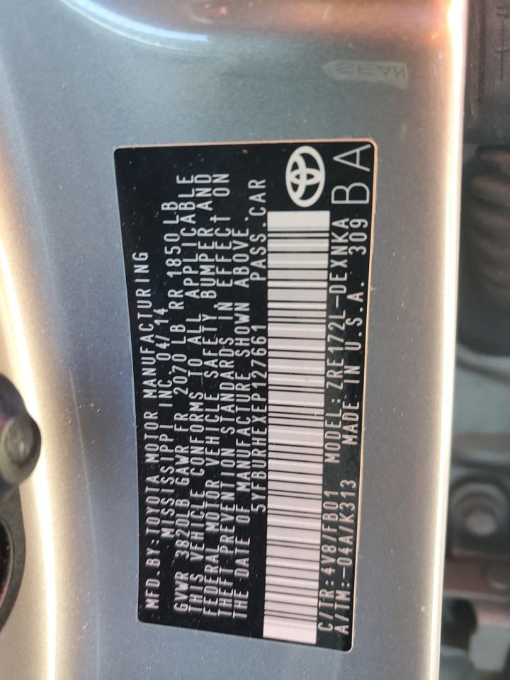 2014 Toyota Corolla VIN 5YFBURHEXEP127661 Copart auction photo, front end / minor dent/scratches damage thumbnail 14
