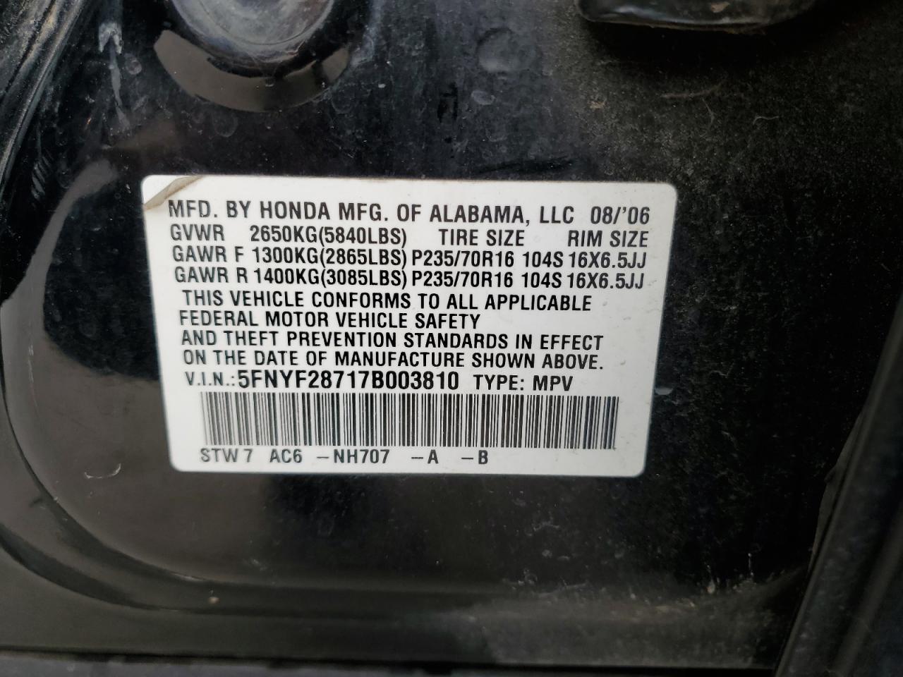 2007 Honda Pilot VIN 5FNYF28717B003810 Copart auction photo, front end / hail damage thumbnail 13