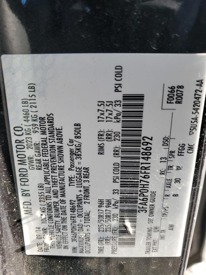 2015 Ford Fusion VIN 3FA6P0H76FR148692 Copart auction photo, front end / rear end damage thumbnail 12
