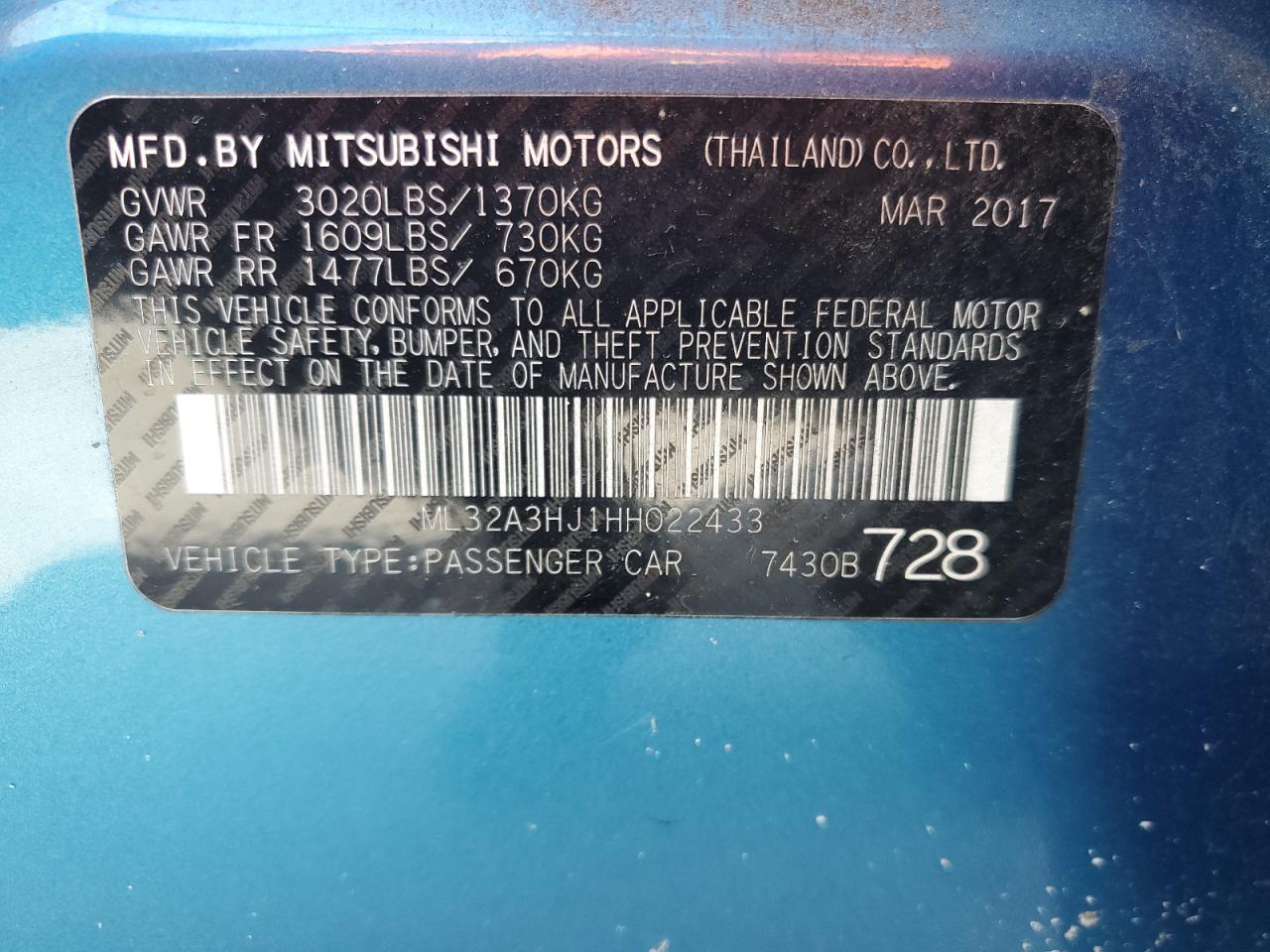 2017 Mitsubishi Mirage VIN ML32A3HJ1HH022433 Copart auction photo, front end / side damage thumbnail 12