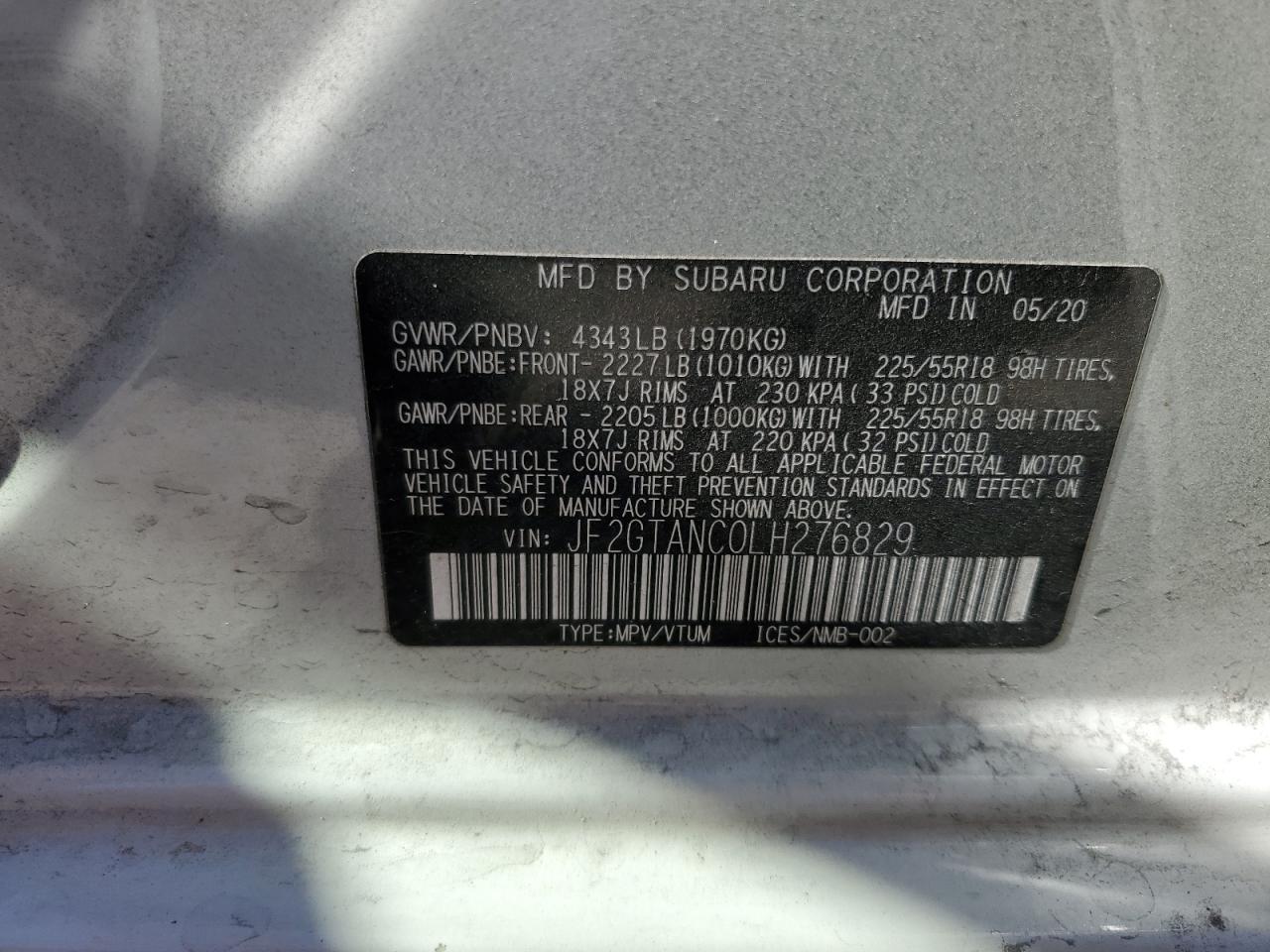 2020 Subaru XV VIN JF2GTANC0LH276829 Copart auction photo, rear end damage thumbnail 12