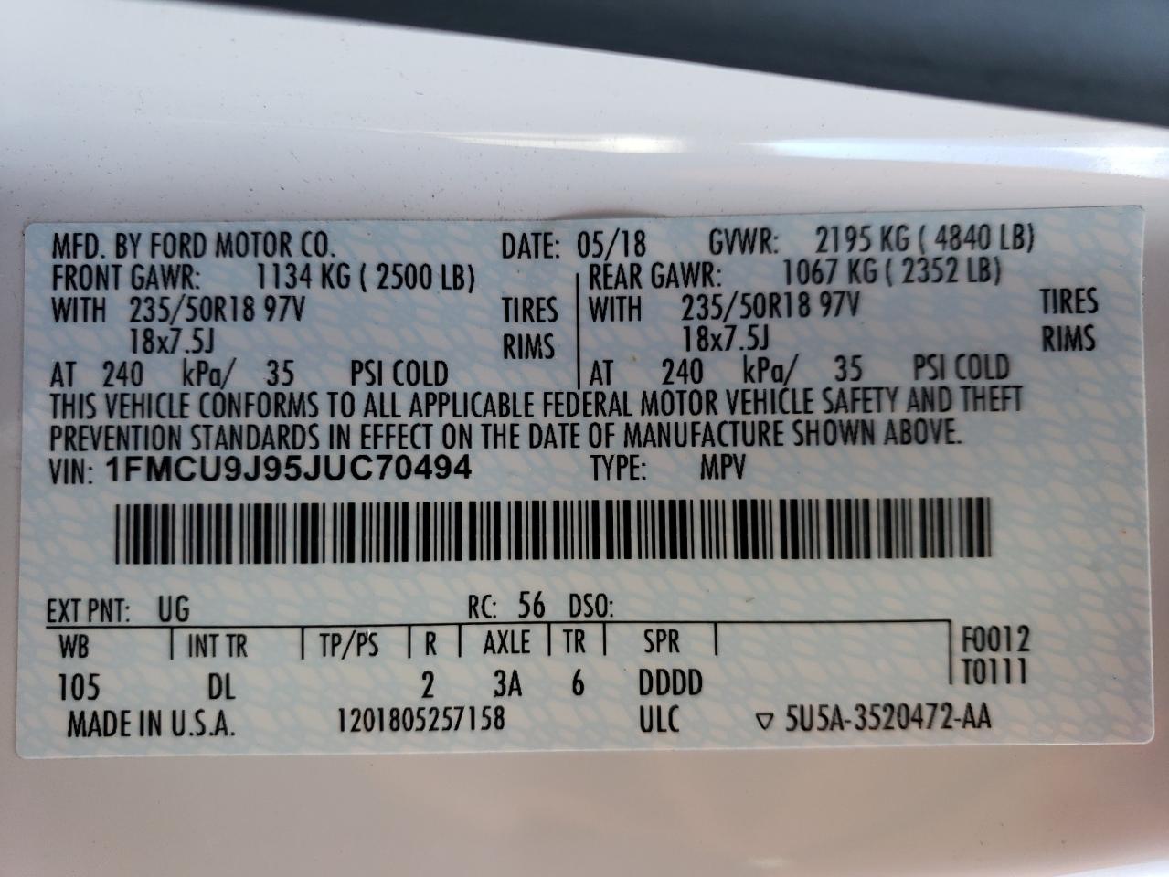 2018 Ford Escape VIN 1FMCU9J95JUC70494 Copart auction photo, front end / hail damage thumbnail 16