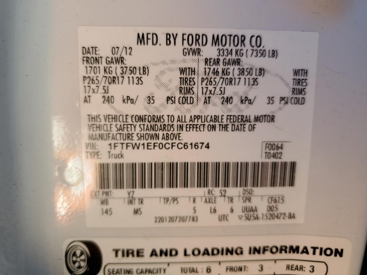 2012 Ford F-150 VIN 1FTFW1EF0CFC61674 Copart auction photo, rear end / frame damage damage thumbnail 13