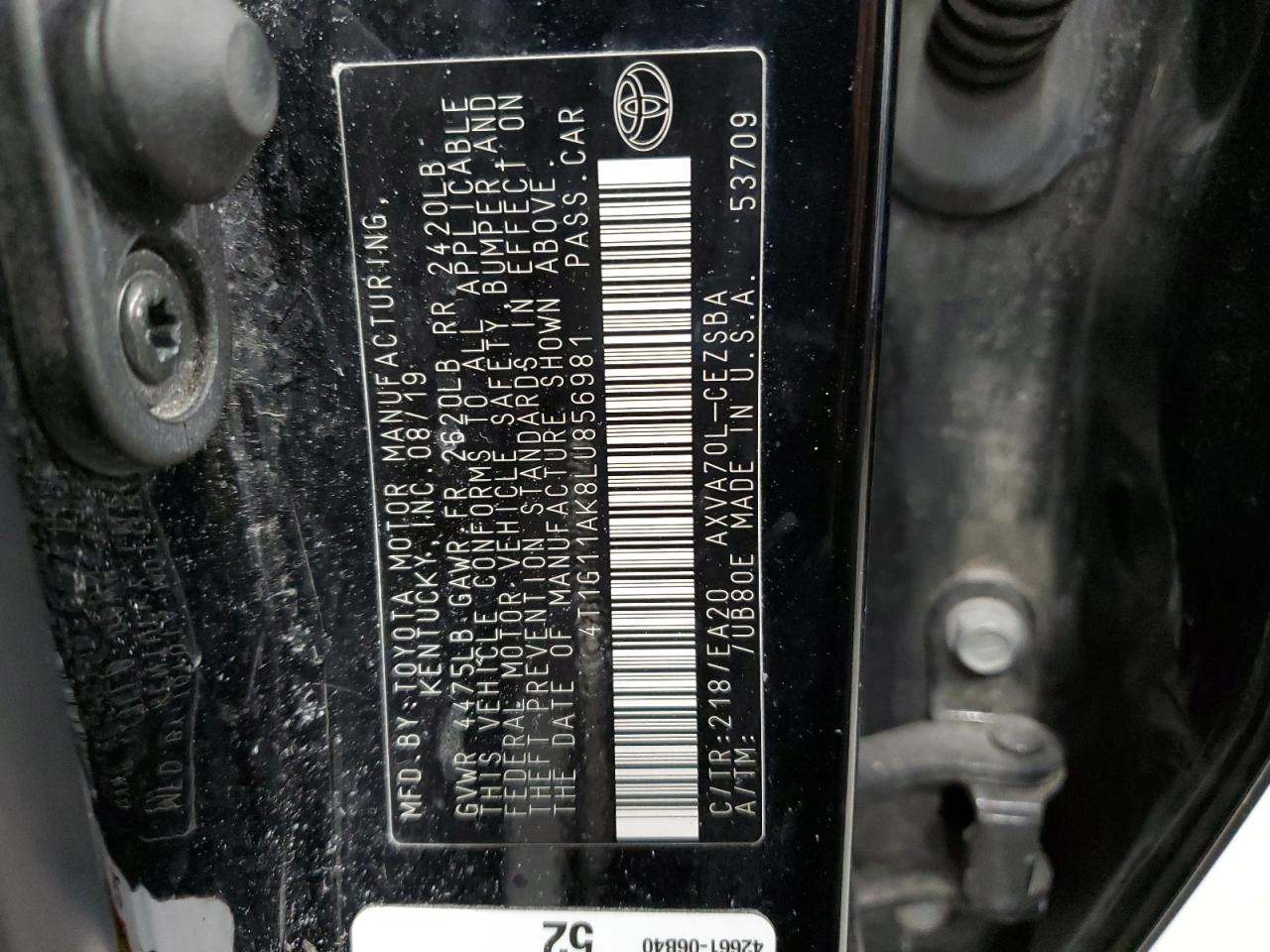 2020 Toyota Camry VIN 4T1G11AK8LU856981 Copart auction photo, front end damage thumbnail 13