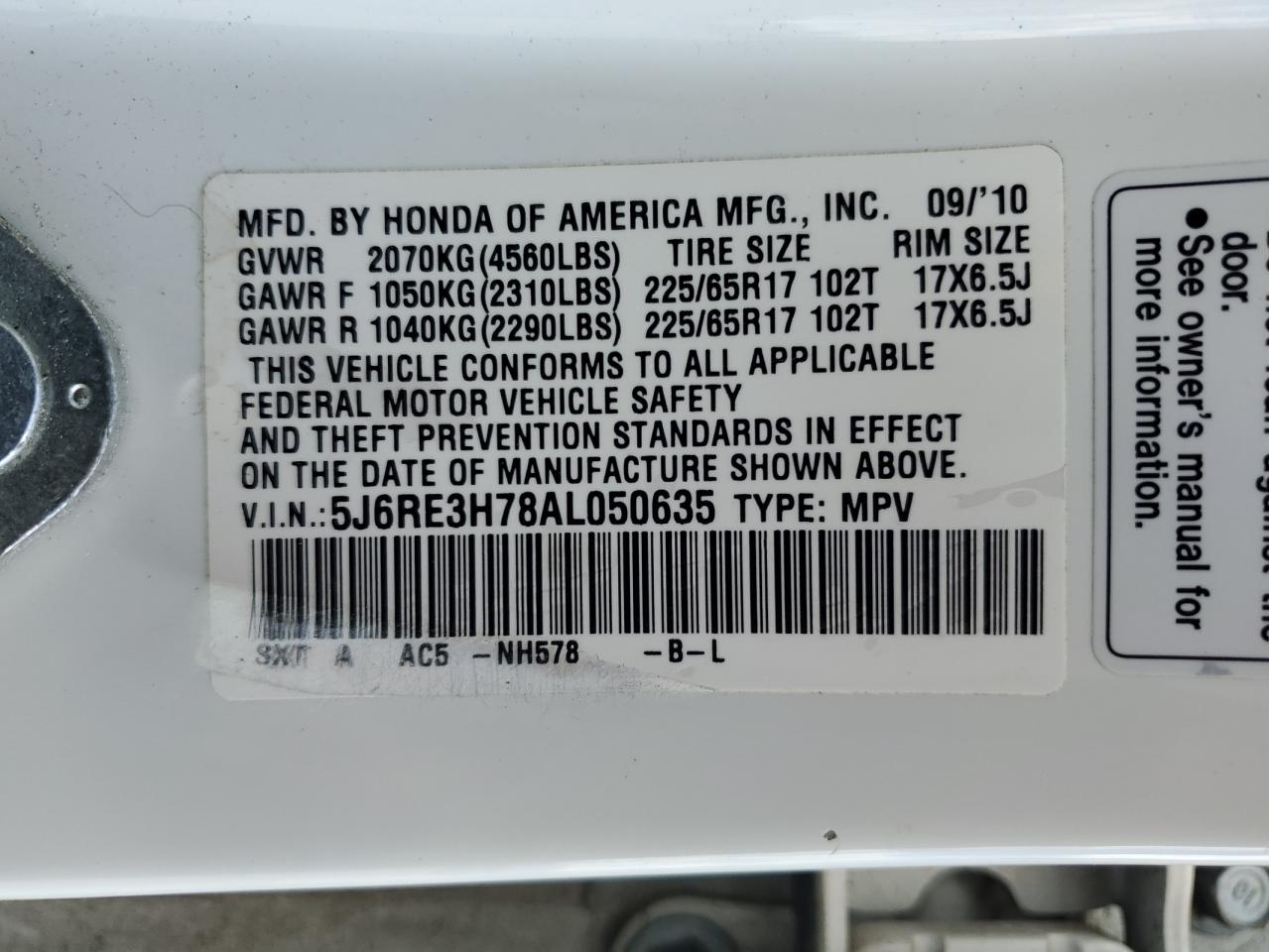 2010 Honda CR-V VIN 5J6RE3H78AL050635 Copart auction photo, rear end damage thumbnail 12