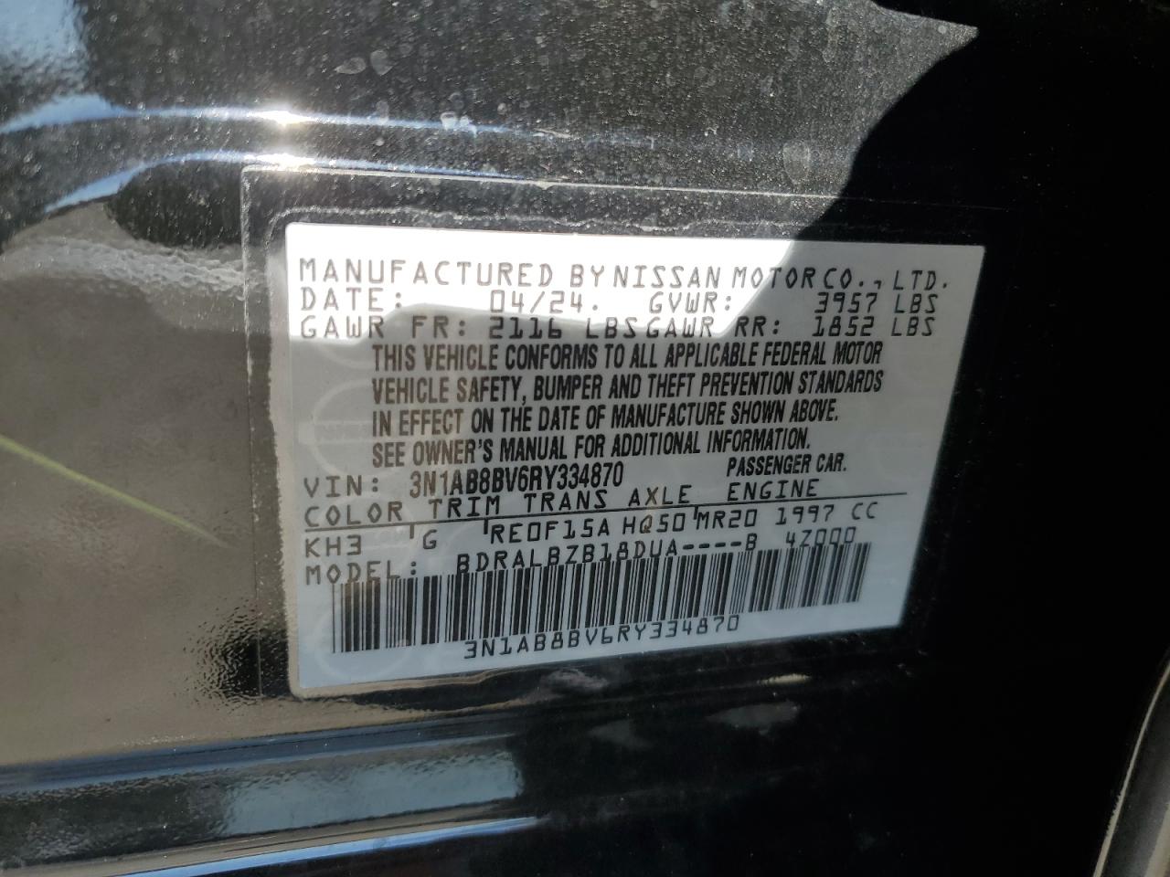 2024 Nissan Sentra VIN 3N1AB8BV6RY334870 Copart auction photo, rear end / side damage thumbnail 14