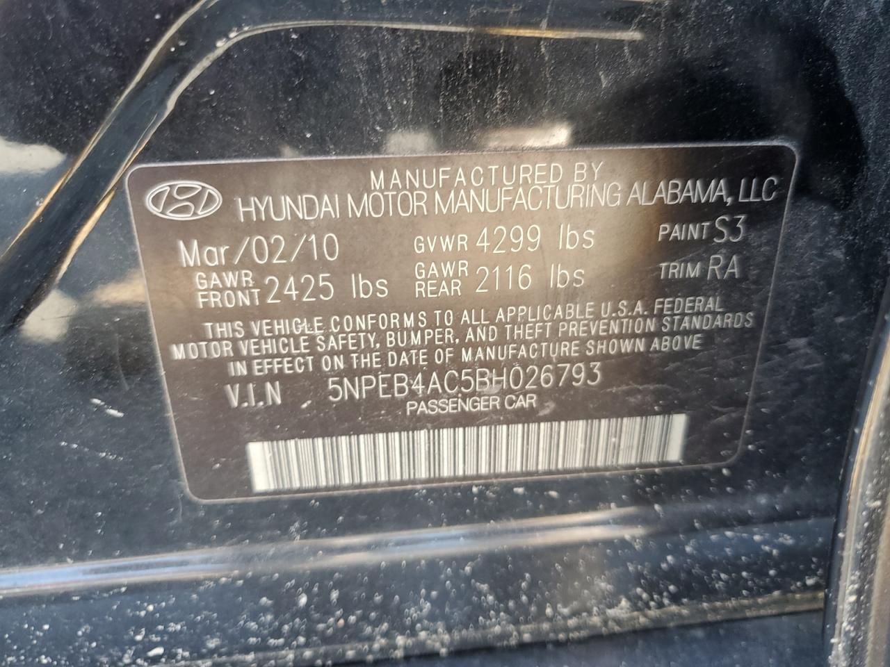 2011 Hyundai Sonata VIN 5NPEB4AC5BH026793 Copart auction photo, side / undercarriage damage thumbnail 14
