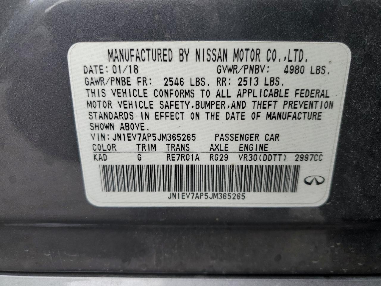 2018 Infiniti Q50 VIN JN1EV7AP5JM365265 Copart auction photo, front end / vandalism damage thumbnail 12