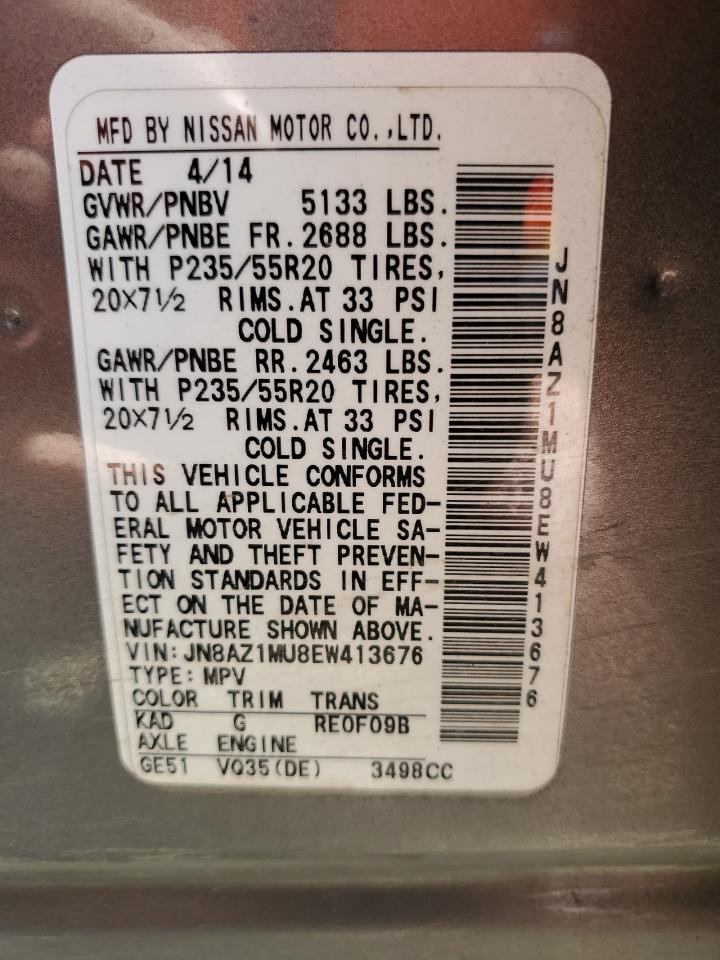 2014 Nissan Murano VIN JN8AZ1MU8EW413676 Copart auction photo, biohazard/chemical / hail damage thumbnail 14