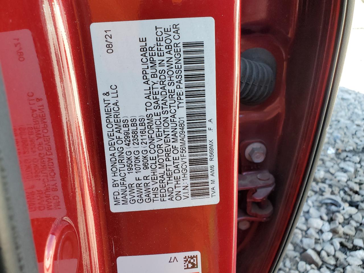 2021 Honda Accord VIN 1HGCV1F56MA094801 Copart auction photo, rear end / front end damage thumbnail 12