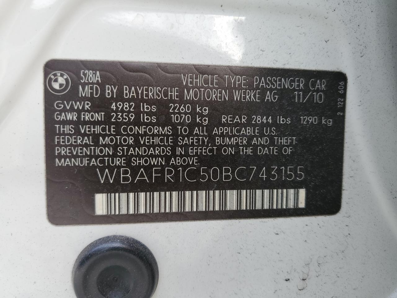 2011 BMW 5er VIN WBAFR1C50BC743155 Copart auction photo, front end damage thumbnail 12