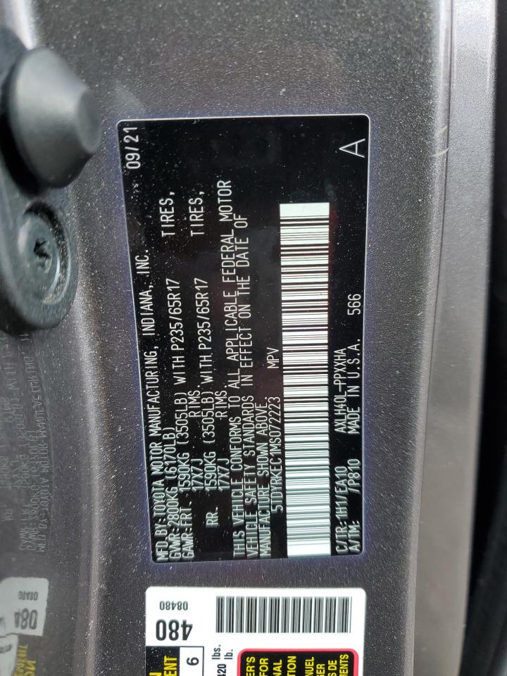2021 Toyota Sienna VIN 5TDYRKEC1MS072223 Copart auction photo, rear end damage thumbnail 15
