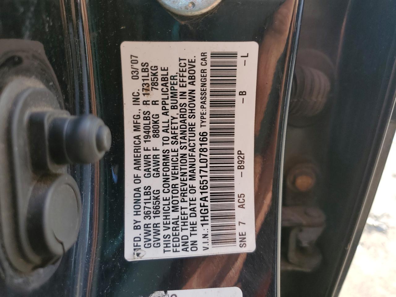 2007 Honda Civic VIN 1HGFA16517L078166 Copart auction photo, front end / rear end damage thumbnail 14